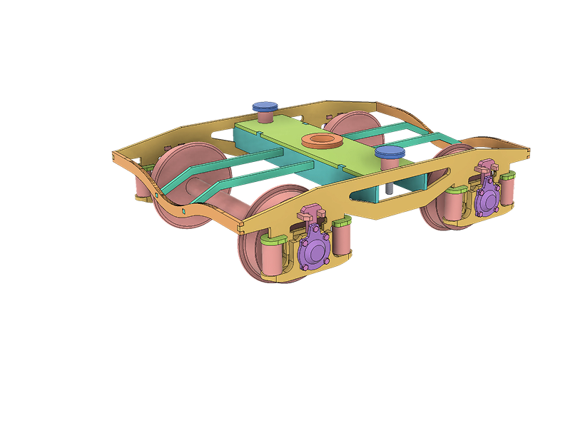 3D model of a colorful robotic chassis with wheels
