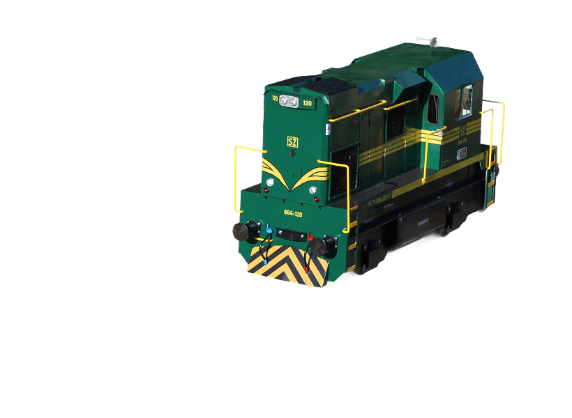 Green and yellow diesel locomotive on a white background