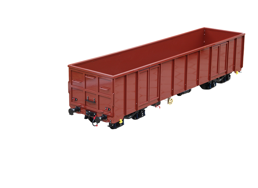 Red model train freight car on a white background