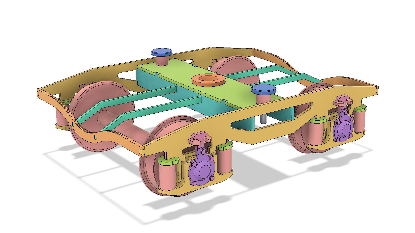 3D model of a robotic chassis with wheels and components